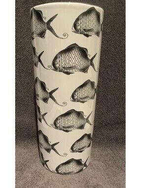 Decorative Ceramic 9.75”H x 4”D Vase With Whimsical Stylized Fish Motif